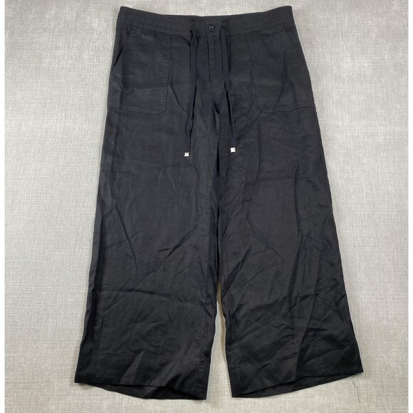 Lauren Ralph Lauren Pants Womens 16 Black Linen Wide Leg Drawstring Coastal - Picture 1 of 11